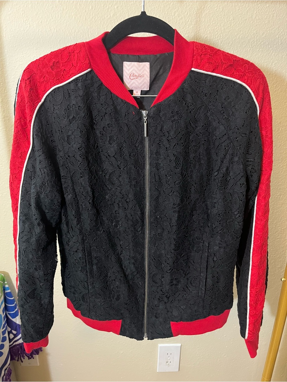 Candie's Black Lace Bomber Jacket with Red Trim